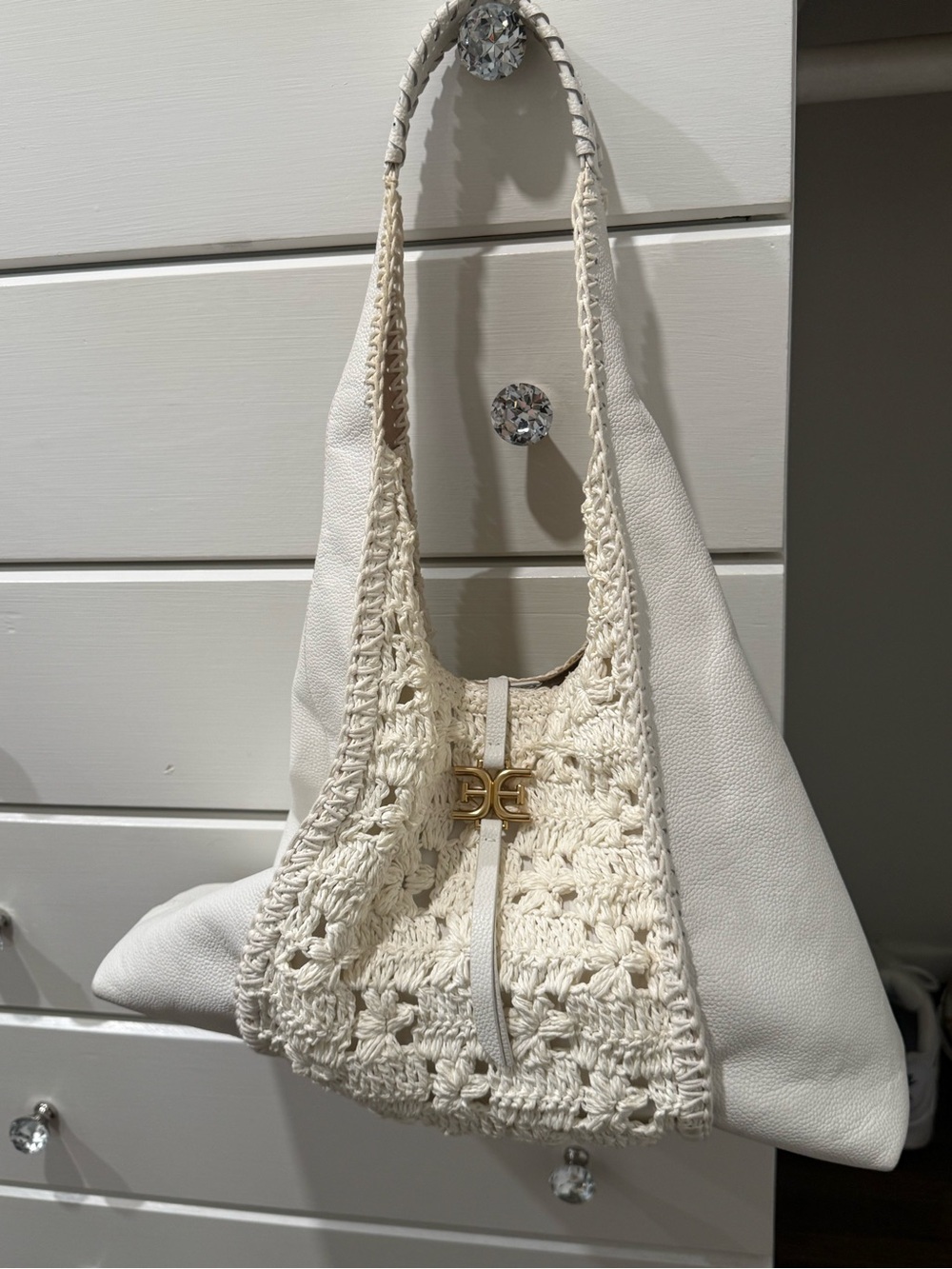 Sam Edelman White Leather Crochet Knit Hobo Shoulder Bag